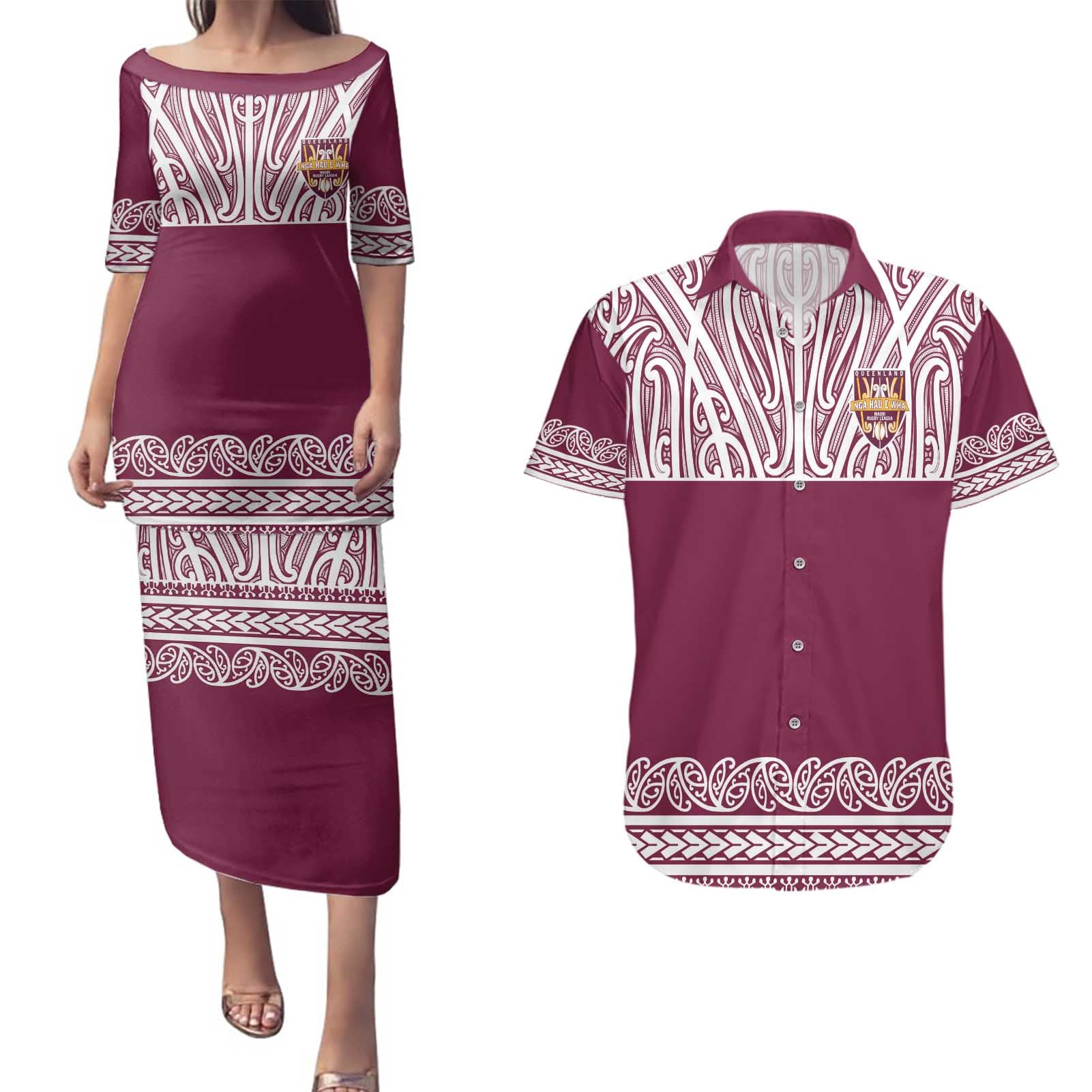Queensland Maori Nga Hau E Wha Custom Couples Matching Puletasi and Hawaiian Shirt Polynesian Maori Tribal Pattern