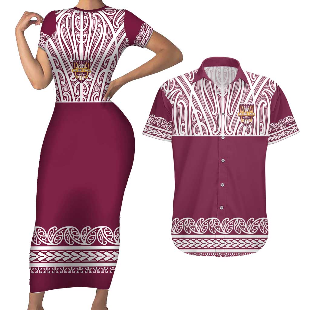 Queensland Maori Nga Hau E Wha Custom Couples Matching Short Sleeve Bodycon Dress and Hawaiian Shirt Polynesian Maori Tribal Pattern