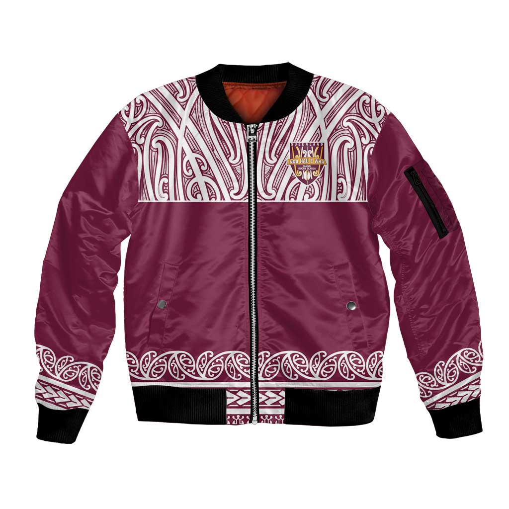 Queensland Maori Nga Hau E Wha Custom Sleeve Zip Bomber Jacket Polynesian Maori Tribal Pattern