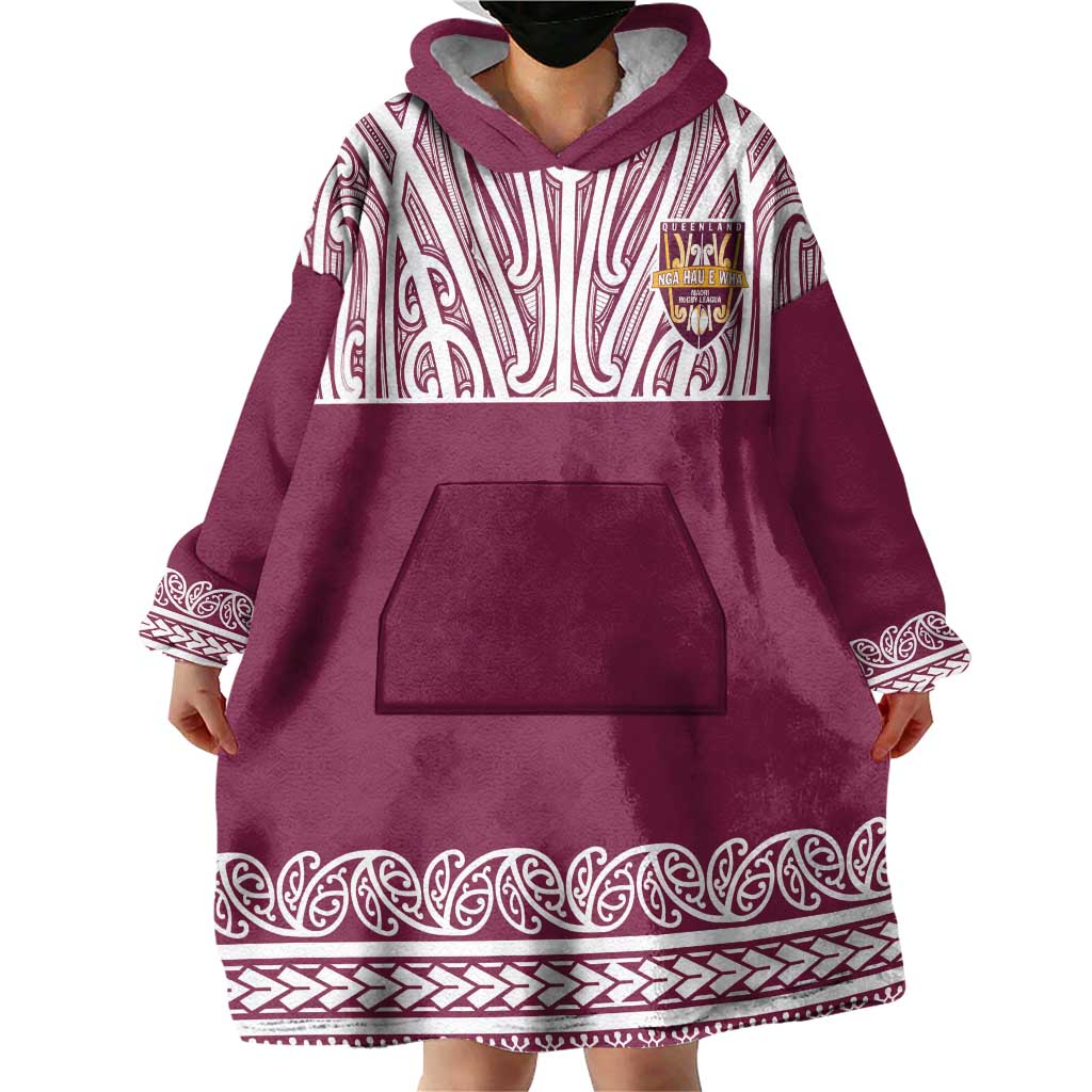Queensland Maori Nga Hau E Wha Custom Wearable Blanket Hoodie Polynesian Maori Tribal Pattern