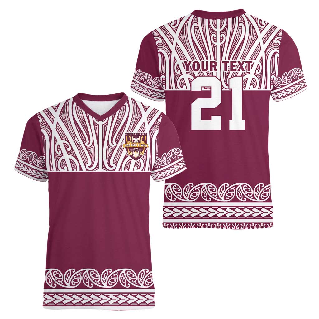 Queensland Maori Nga Hau E Wha Custom Women V-Neck T-Shirt Polynesian Maori Tribal Pattern