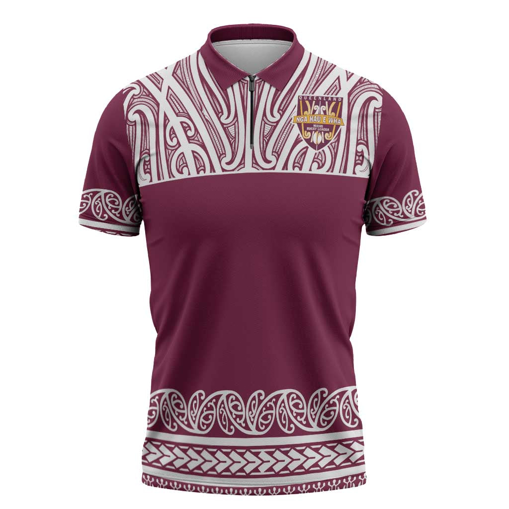 Queensland Maori Nga Hau E Wha Custom Zipper Polo Shirt Polynesian Maori Tribal Pattern LT9 Maroon - Polynesian Pride