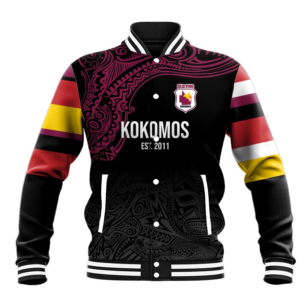 Queensland Papua New Guinea Custom Baseball Jacket All Black Pacific PNG Tribal Style