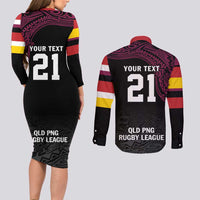 Queensland Papua New Guinea Custom Couples Matching Long Sleeve Bodycon Dress and Long Sleeve Button Shirt All Black Pacific PNG Tribal Style