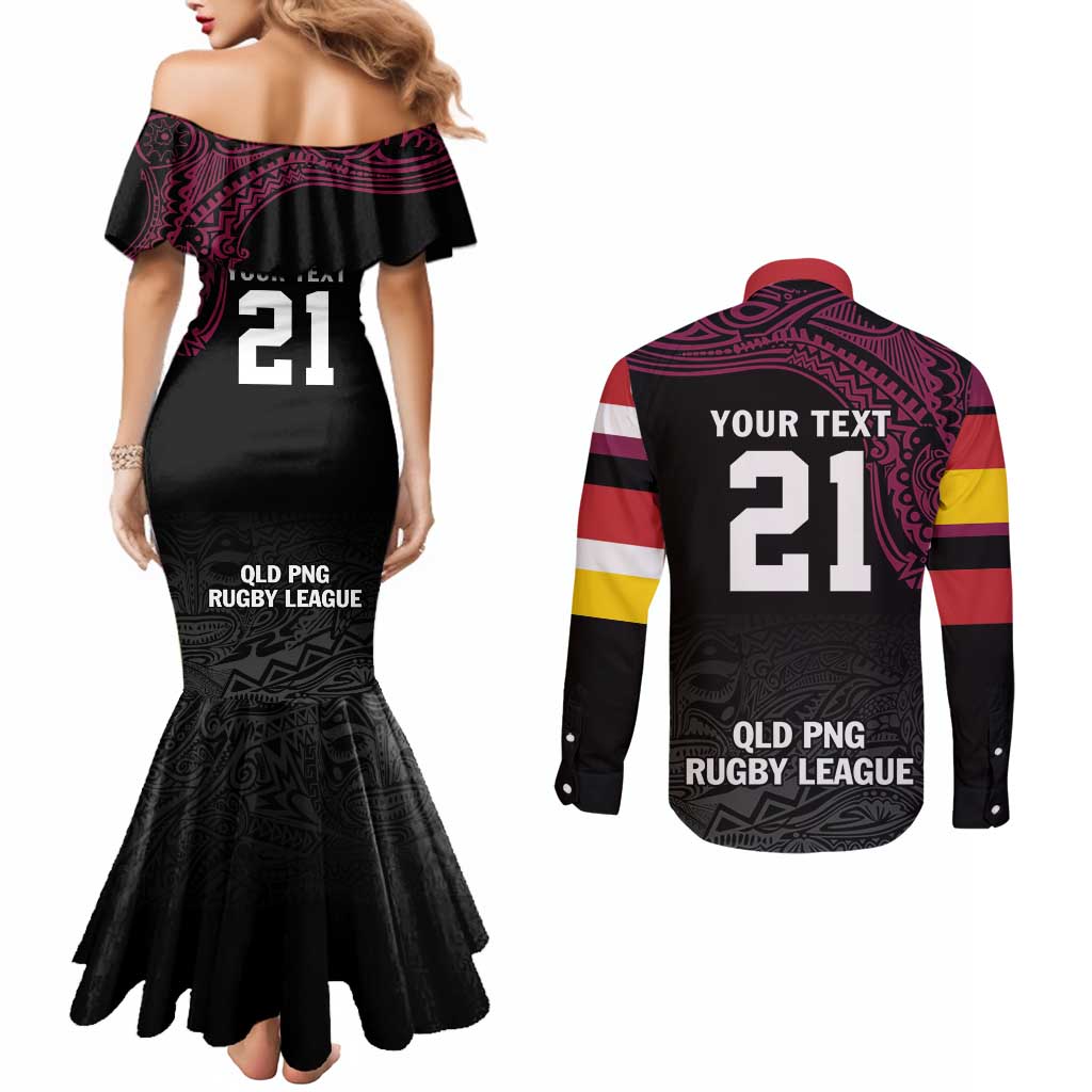 Queensland Papua New Guinea Custom Couples Matching Mermaid Dress and Long Sleeve Button Shirt All Black Pacific PNG Tribal Style