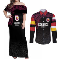 Queensland Papua New Guinea Custom Couples Matching Off Shoulder Maxi Dress and Long Sleeve Button Shirt All Black Pacific PNG Tribal Style