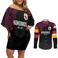 Queensland Papua New Guinea Custom Couples Matching Off Shoulder Short Dress and Long Sleeve Button Shirt All Black Pacific PNG Tribal Style