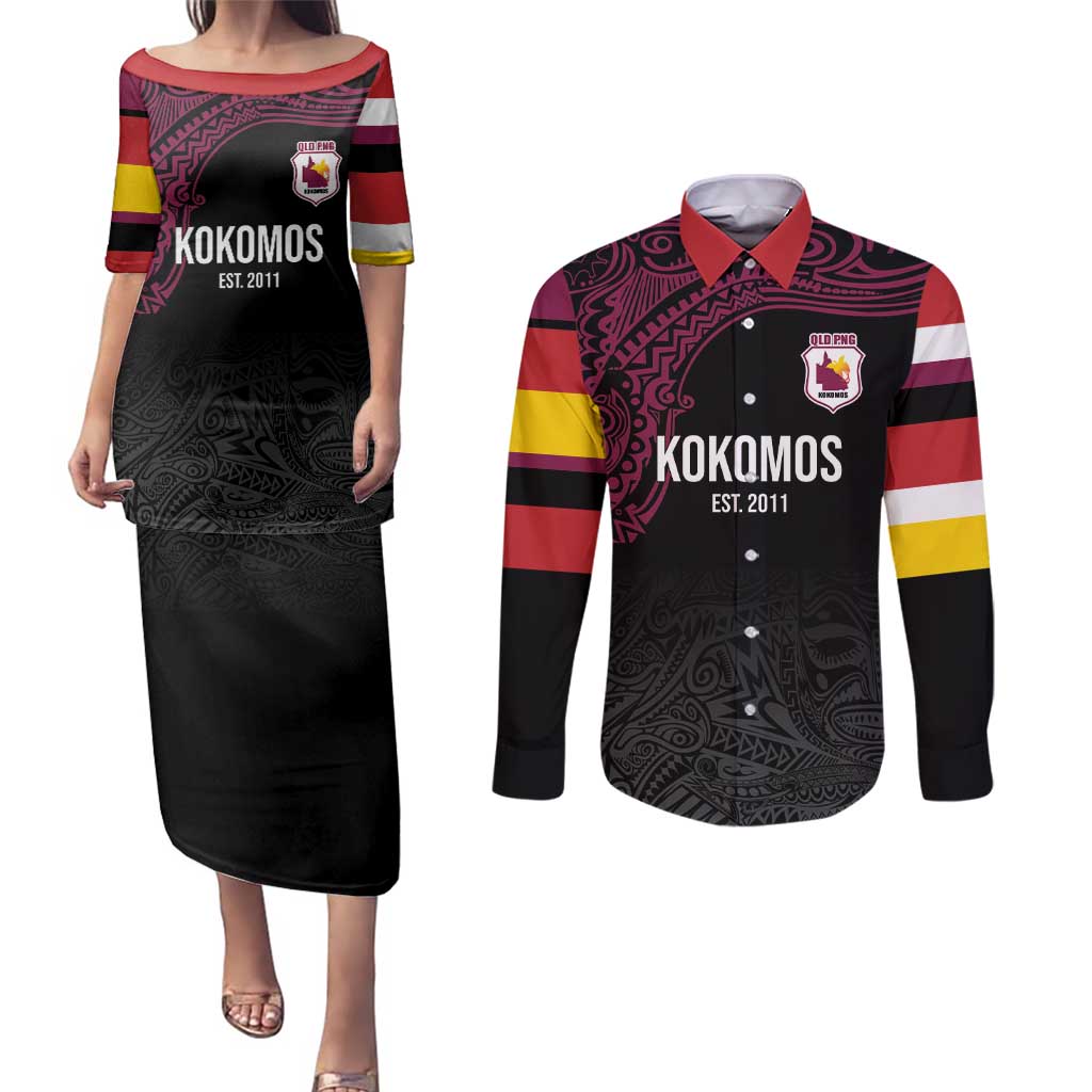 Queensland Papua New Guinea Custom Couples Matching Puletasi and Long Sleeve Button Shirt All Black Pacific PNG Tribal Style