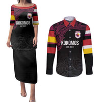 Queensland Papua New Guinea Custom Couples Matching Puletasi and Long Sleeve Button Shirt All Black Pacific PNG Tribal Style