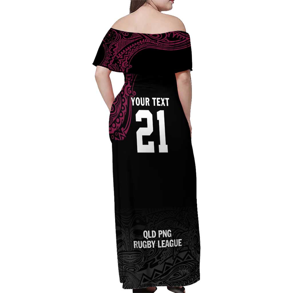 Queensland Papua New Guinea Custom Family Matching Off Shoulder Maxi Dress and Hawaiian Shirt All Black Pacific PNG Tribal Style