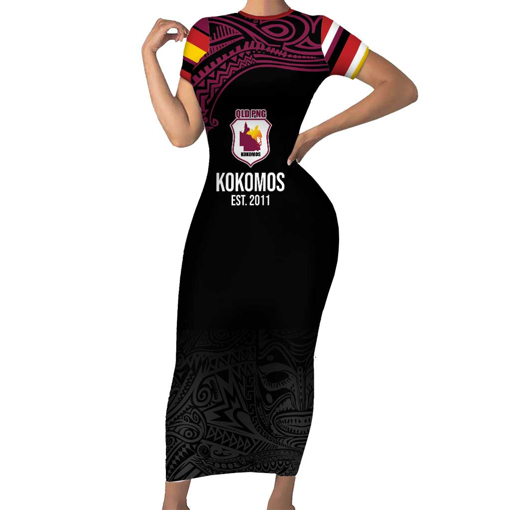 Queensland Papua New Guinea Custom Family Matching Short Sleeve Bodycon Dress and Hawaiian Shirt All Black Pacific PNG Tribal Style