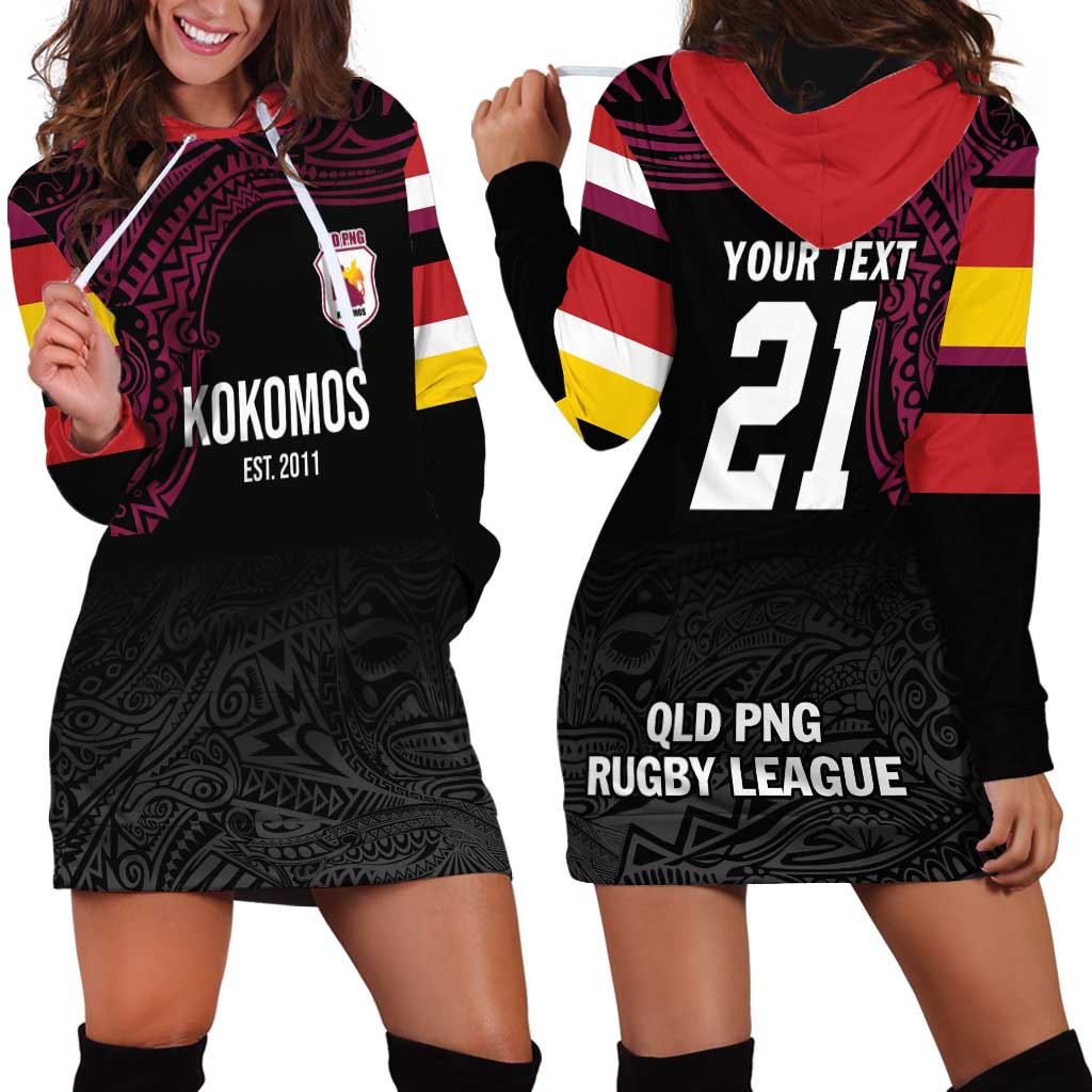 Queensland Papua New Guinea Custom Hoodie Dress All Black Pacific PNG Tribal Style