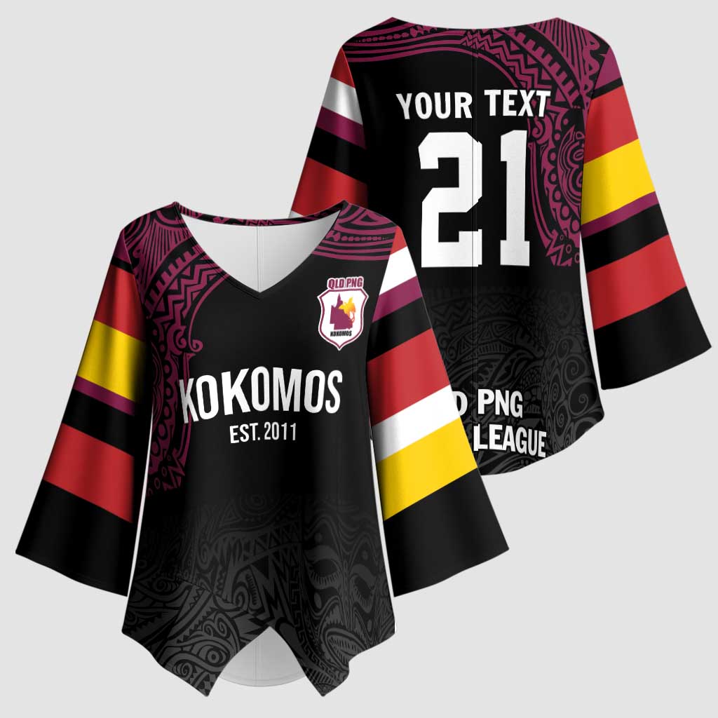 Queensland Papua New Guinea Custom Kimono Sleeve Blouse All Black Pacific PNG Tribal Style - Polynesian Pride