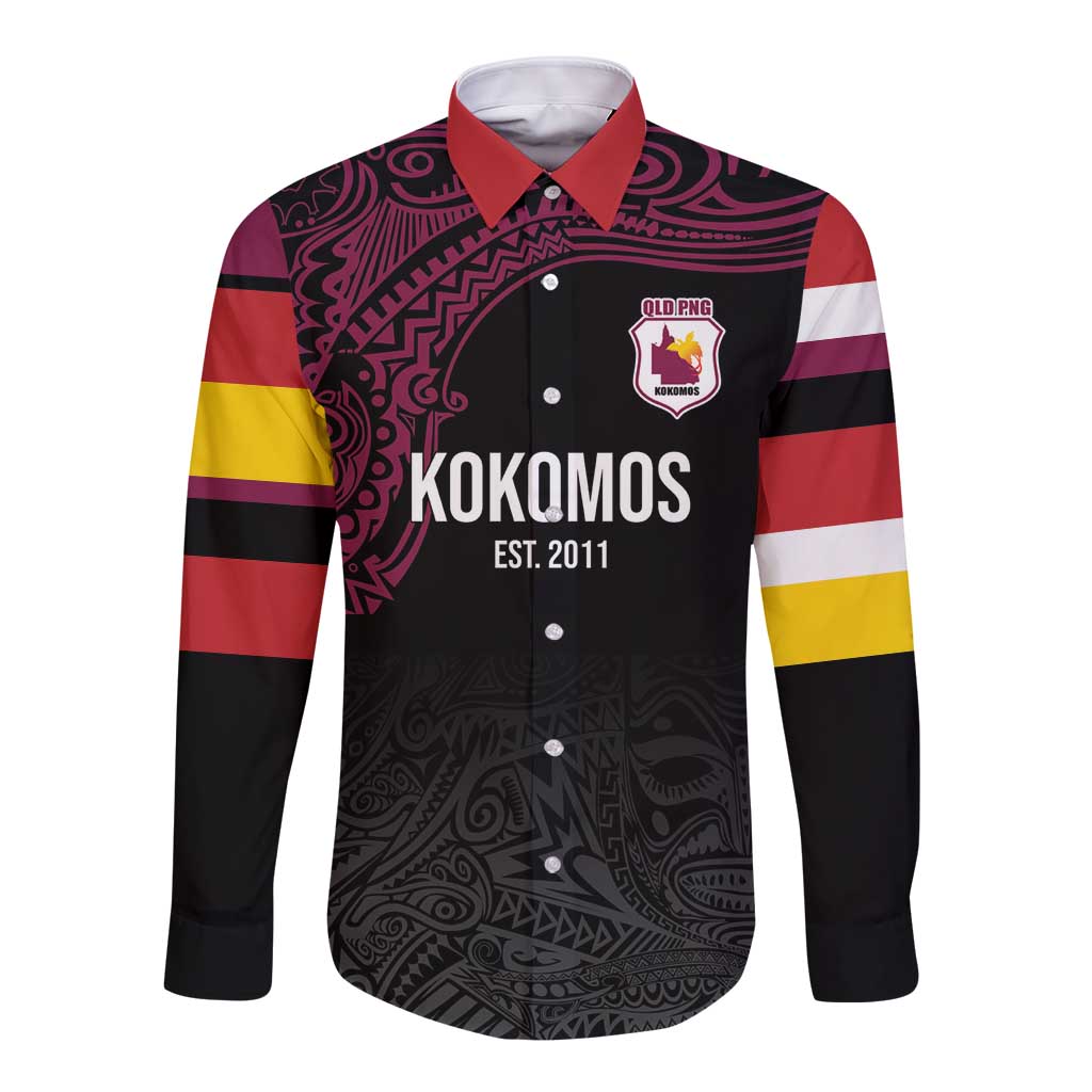 Queensland Papua New Guinea Custom Long Sleeve Button Shirt All Black Pacific PNG Tribal Style