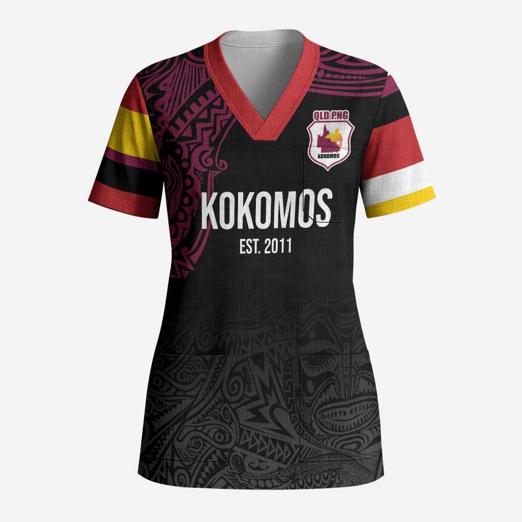 Queensland Papua New Guinea Custom Scrub Top All Black Pacific PNG Tribal Style - Polynesian Pride