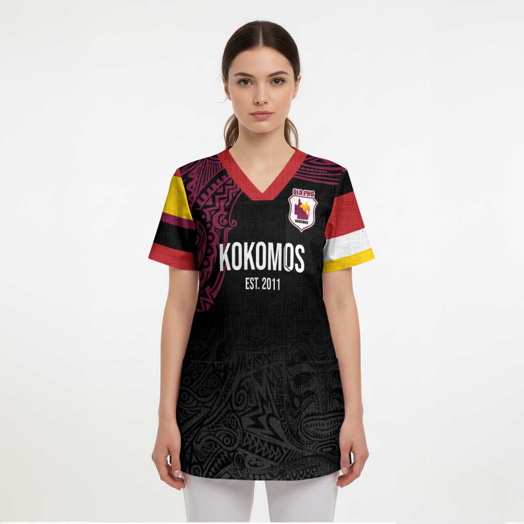 Queensland Papua New Guinea Custom Scrub Top All Black Pacific PNG Tribal Style - Polynesian Pride