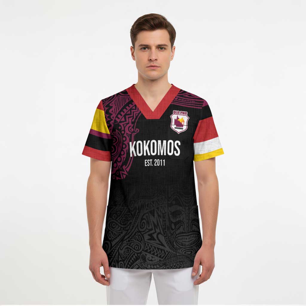 Queensland Papua New Guinea Custom Scrub Top All Black Pacific PNG Tribal Style - Polynesian Pride