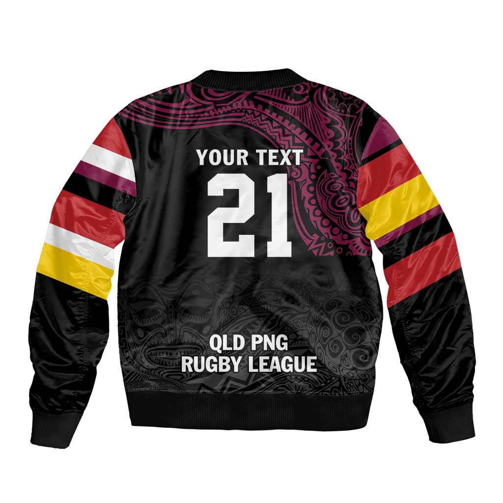 Queensland Papua New Guinea Custom Sleeve Zip Bomber Jacket All Black Pacific PNG Tribal Style
