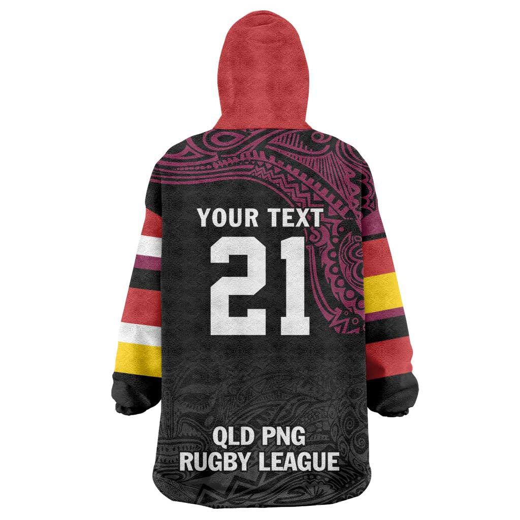 Queensland Papua New Guinea Custom Wearable Blanket Hoodie All Black Pacific PNG Tribal Style
