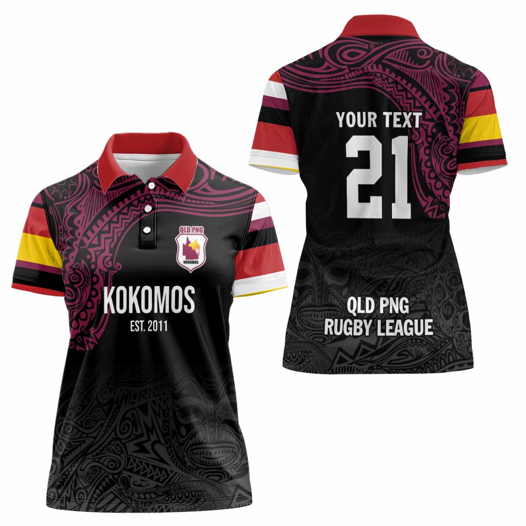 Queensland Papua New Guinea Custom Women Polo Shirt All Black Pacific PNG Tribal Style