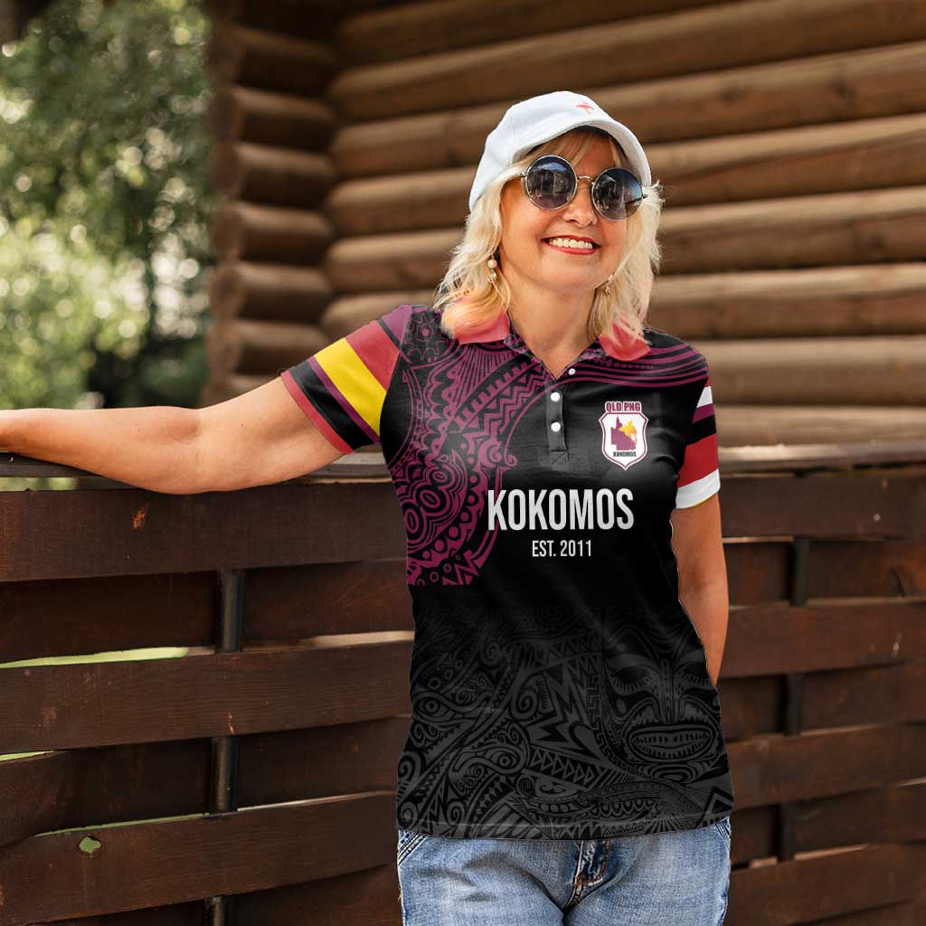Queensland Papua New Guinea Custom Women Polo Shirt All Black Pacific PNG Tribal Style