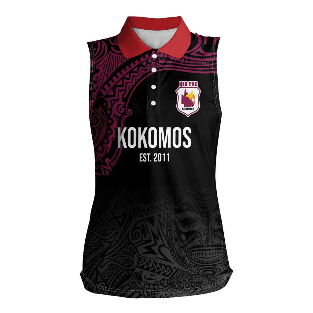 Queensland Papua New Guinea Custom Women Sleeveless Polo Shirt All Black Pacific PNG Tribal Style