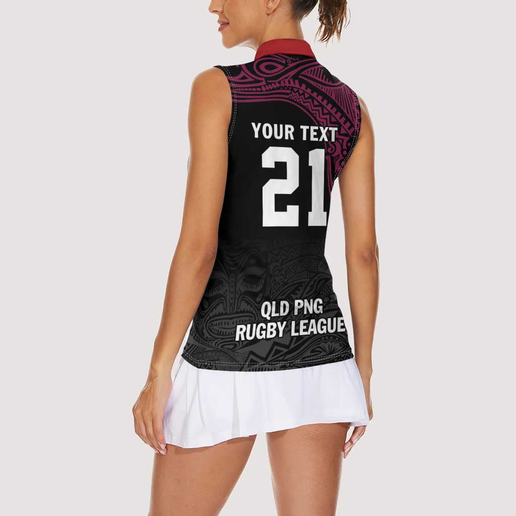 Queensland Papua New Guinea Custom Women Sleeveless Polo Shirt All Black Pacific PNG Tribal Style