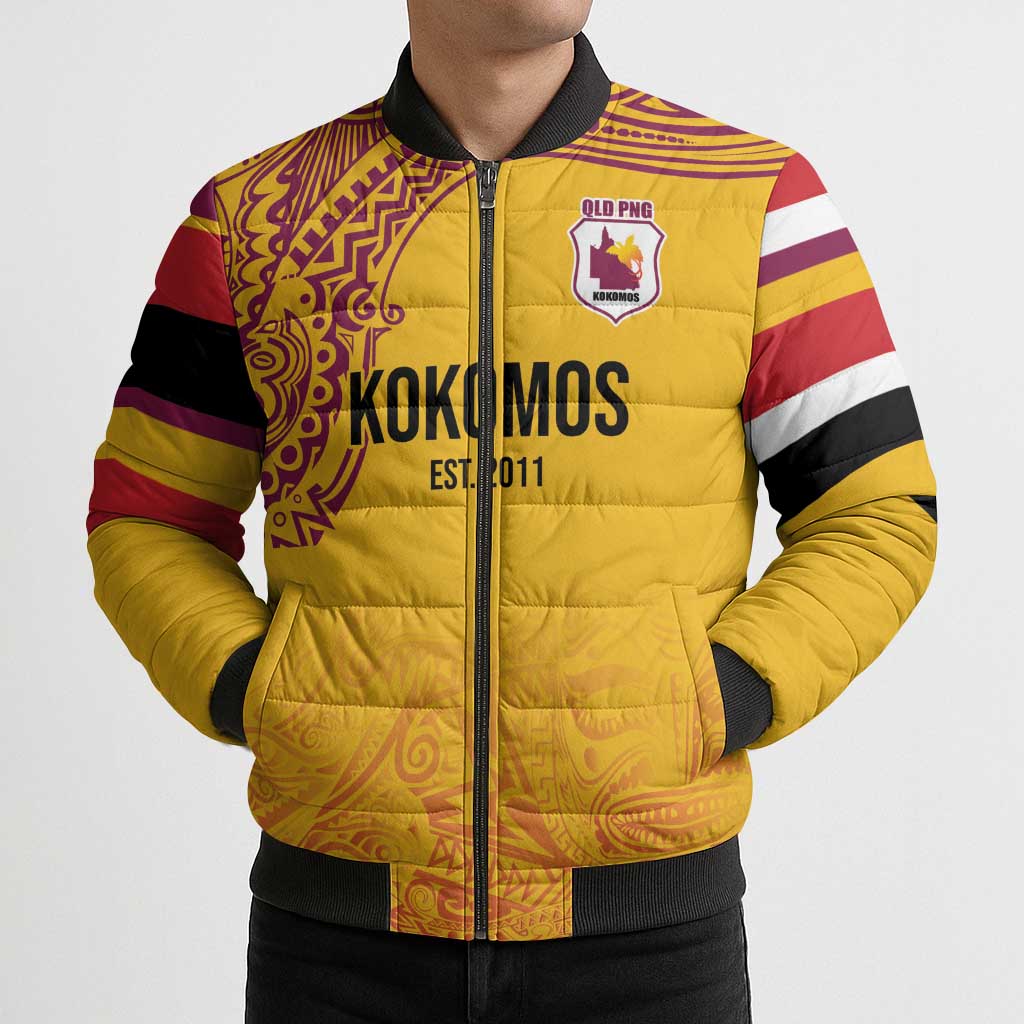 Queensland Papua New Guinea Custom Bomber Puffer Jacket All Gold Pacific PNG Tribal Style LT9 - Polynesian Pride