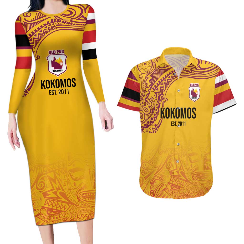 Queensland Papua New Guinea Custom Couples Matching Long Sleeve Bodycon Dress and Hawaiian Shirt All Gold Pacific PNG Tribal Style