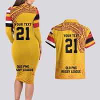 Queensland Papua New Guinea Custom Couples Matching Long Sleeve Bodycon Dress and Hawaiian Shirt All Gold Pacific PNG Tribal Style