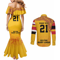 Queensland Papua New Guinea Custom Couples Matching Mermaid Dress and Long Sleeve Button Shirt All Gold Pacific PNG Tribal Style