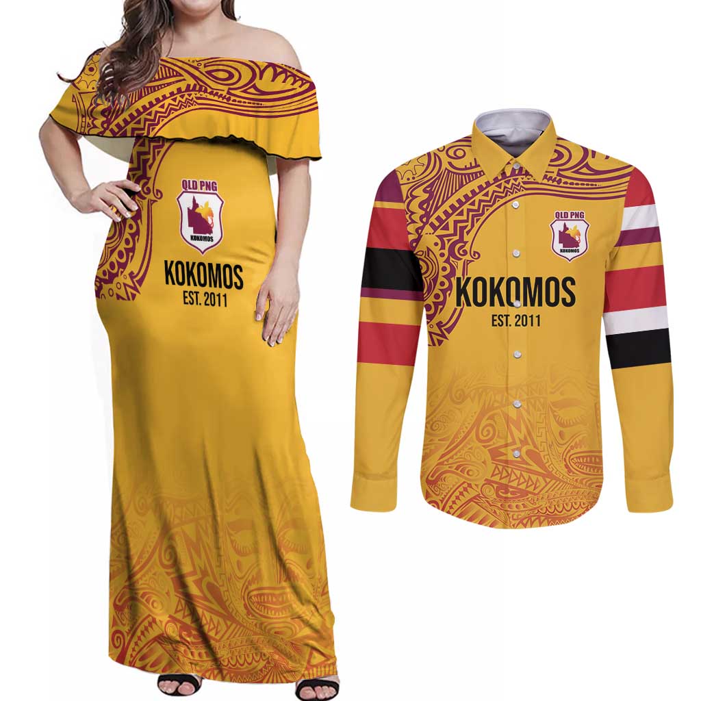 Queensland Papua New Guinea Custom Couples Matching Off Shoulder Maxi Dress and Long Sleeve Button Shirt All Gold Pacific PNG Tribal Style