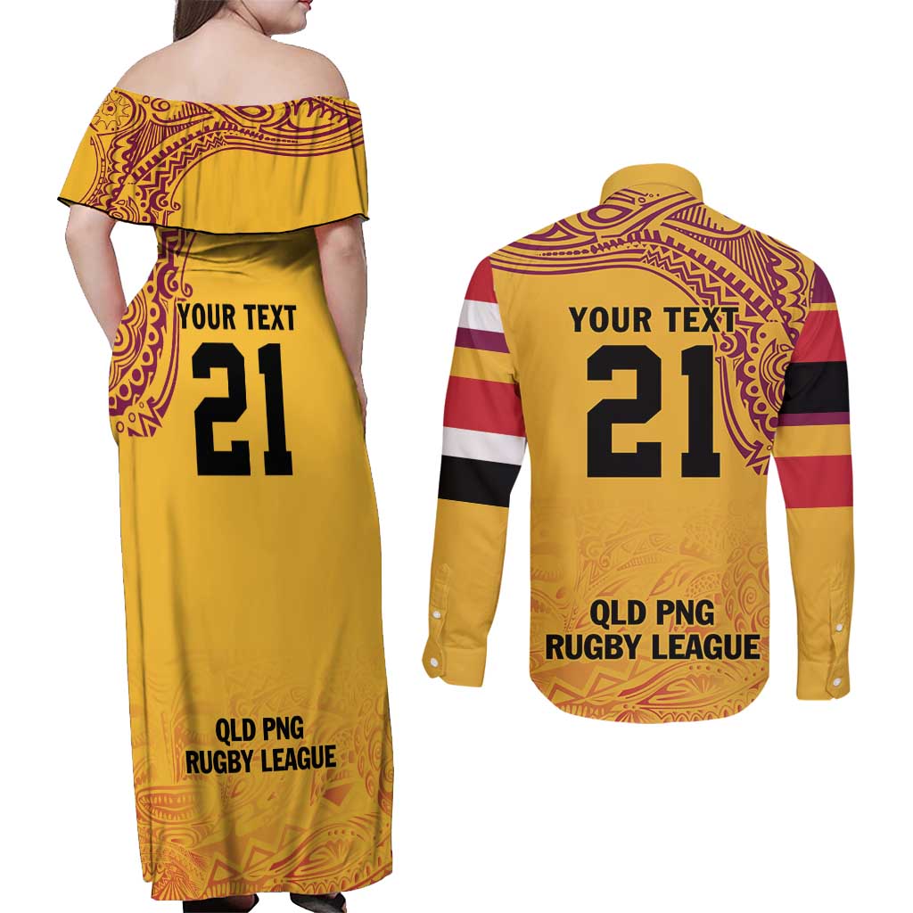 Queensland Papua New Guinea Custom Couples Matching Off Shoulder Maxi Dress and Long Sleeve Button Shirt All Gold Pacific PNG Tribal Style
