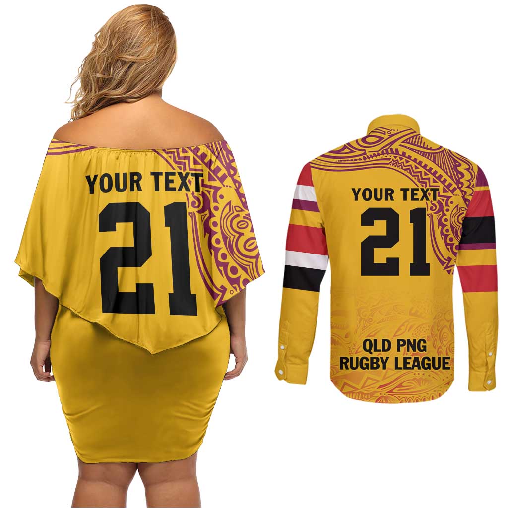 Queensland Papua New Guinea Custom Couples Matching Off Shoulder Short Dress and Long Sleeve Button Shirt All Gold Pacific PNG Tribal Style