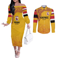 Queensland Papua New Guinea Custom Couples Matching Off The Shoulder Long Sleeve Dress and Long Sleeve Button Shirt All Gold Pacific PNG Tribal Style