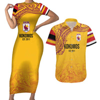 Queensland Papua New Guinea Custom Couples Matching Short Sleeve Bodycon Dress and Hawaiian Shirt All Gold Pacific PNG Tribal Style