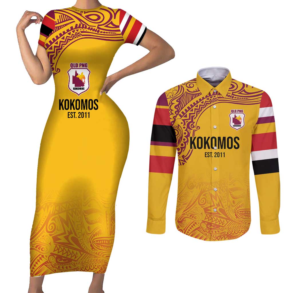 Queensland Papua New Guinea Custom Couples Matching Short Sleeve Bodycon Dress and Long Sleeve Button Shirt All Gold Pacific PNG Tribal Style