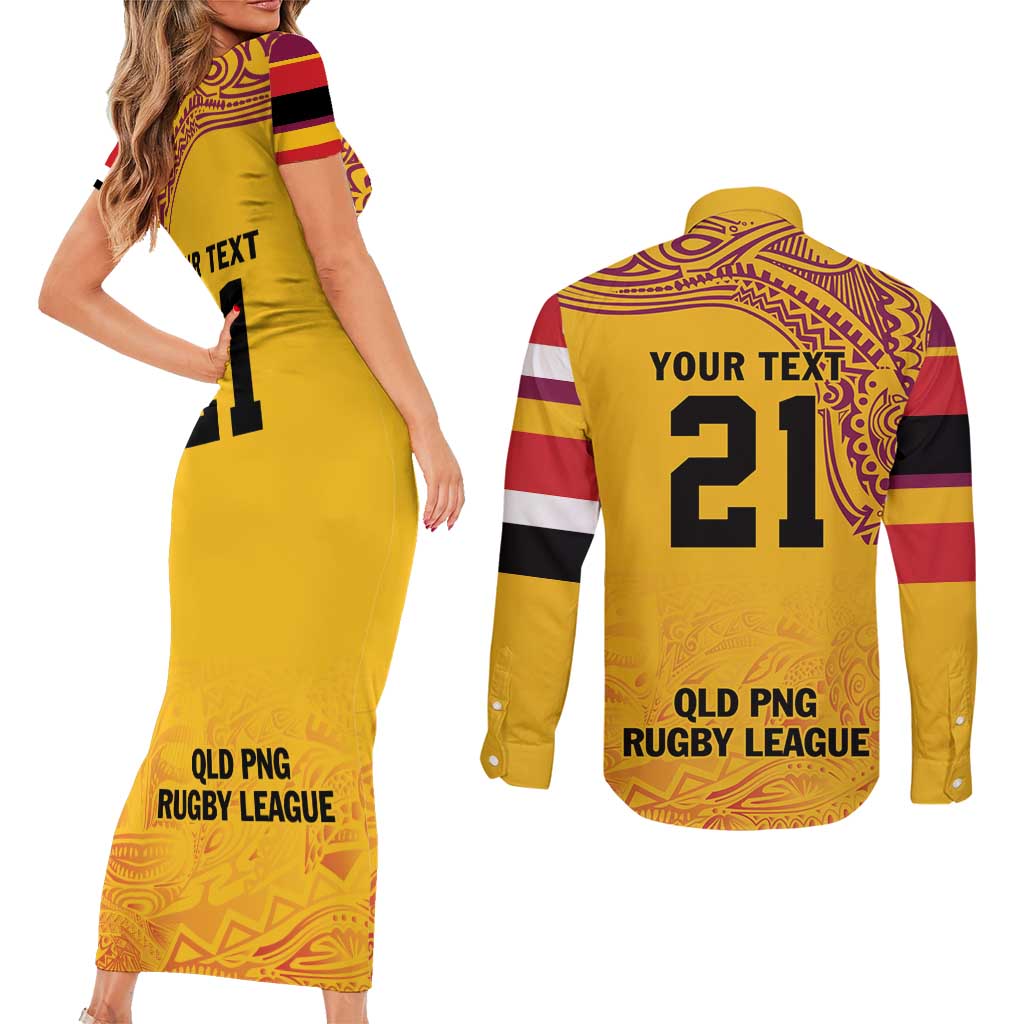 Queensland Papua New Guinea Custom Couples Matching Short Sleeve Bodycon Dress and Long Sleeve Button Shirt All Gold Pacific PNG Tribal Style