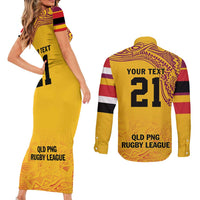 Queensland Papua New Guinea Custom Couples Matching Short Sleeve Bodycon Dress and Long Sleeve Button Shirt All Gold Pacific PNG Tribal Style