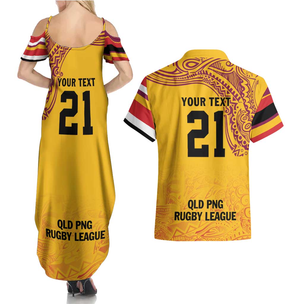 Queensland Papua New Guinea Custom Couples Matching Summer Maxi Dress and Hawaiian Shirt All Gold Pacific PNG Tribal Style