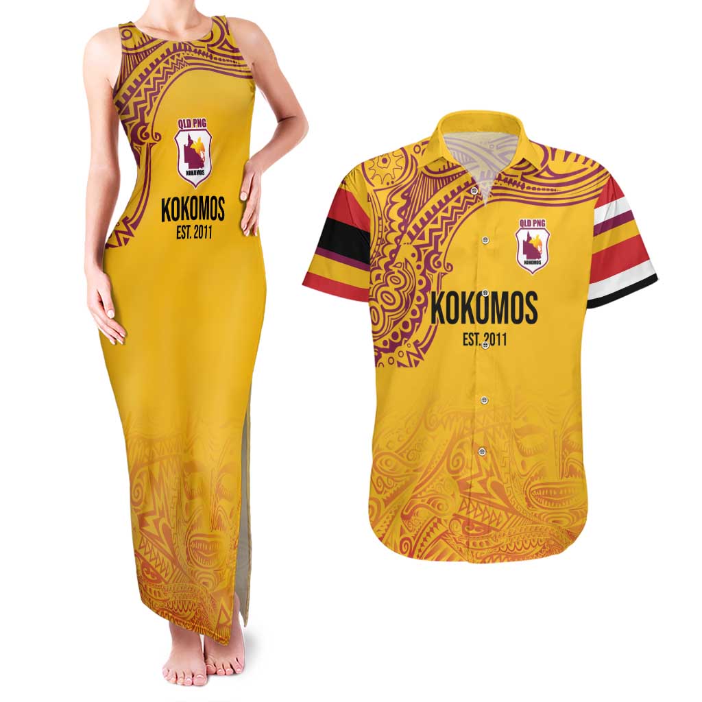 Queensland Papua New Guinea Custom Couples Matching Tank Maxi Dress and Hawaiian Shirt All Gold Pacific PNG Tribal Style