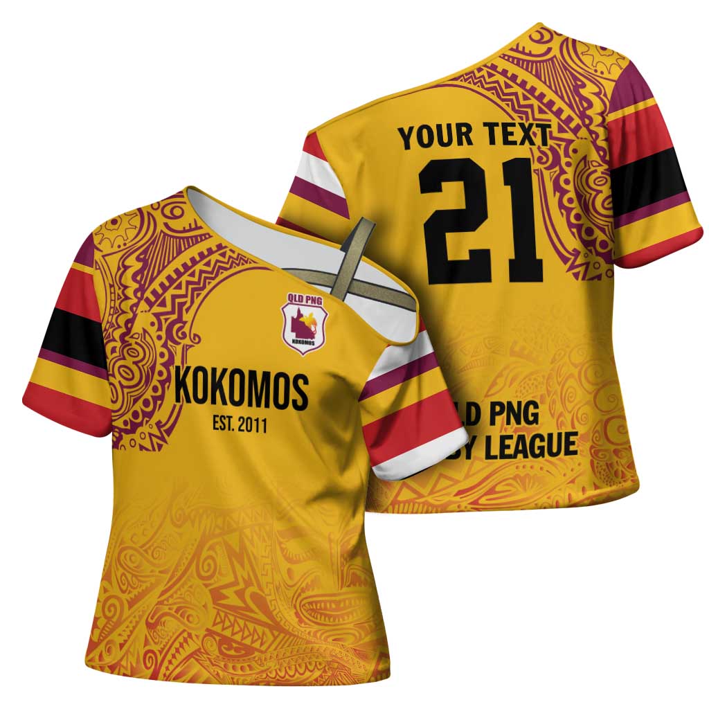 Queensland Papua New Guinea Custom Cross Shoulder Shirt All Gold Pacific PNG Tribal Style - Polynesian Pride