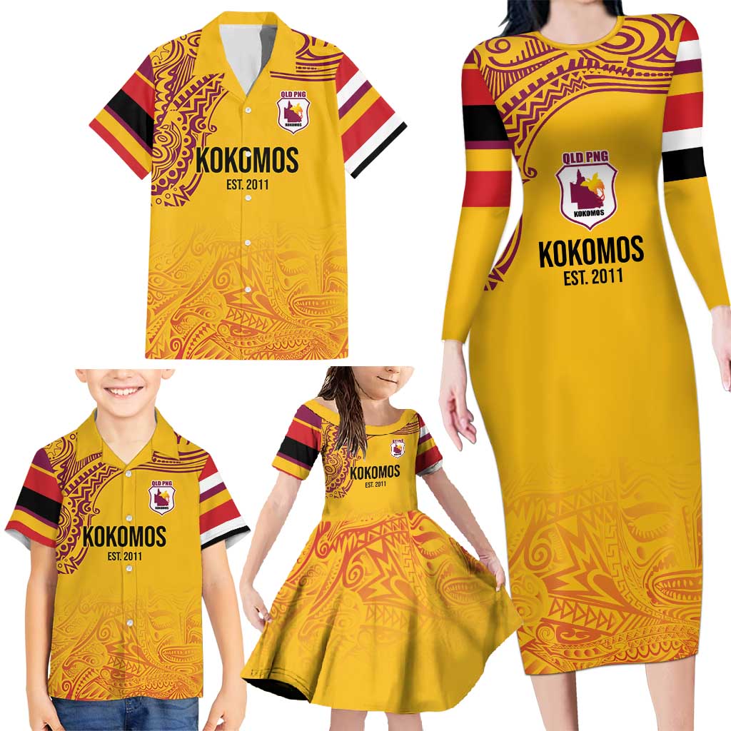 Queensland Papua New Guinea Custom Family Matching Long Sleeve Bodycon Dress and Hawaiian Shirt All Gold Pacific PNG Tribal Style