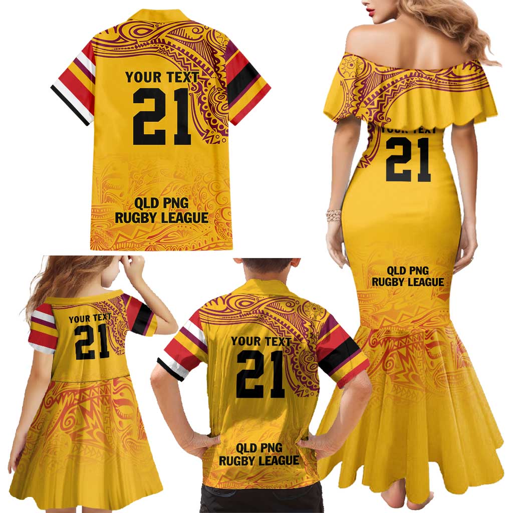 Queensland Papua New Guinea Custom Family Matching Mermaid Dress and Hawaiian Shirt All Gold Pacific PNG Tribal Style