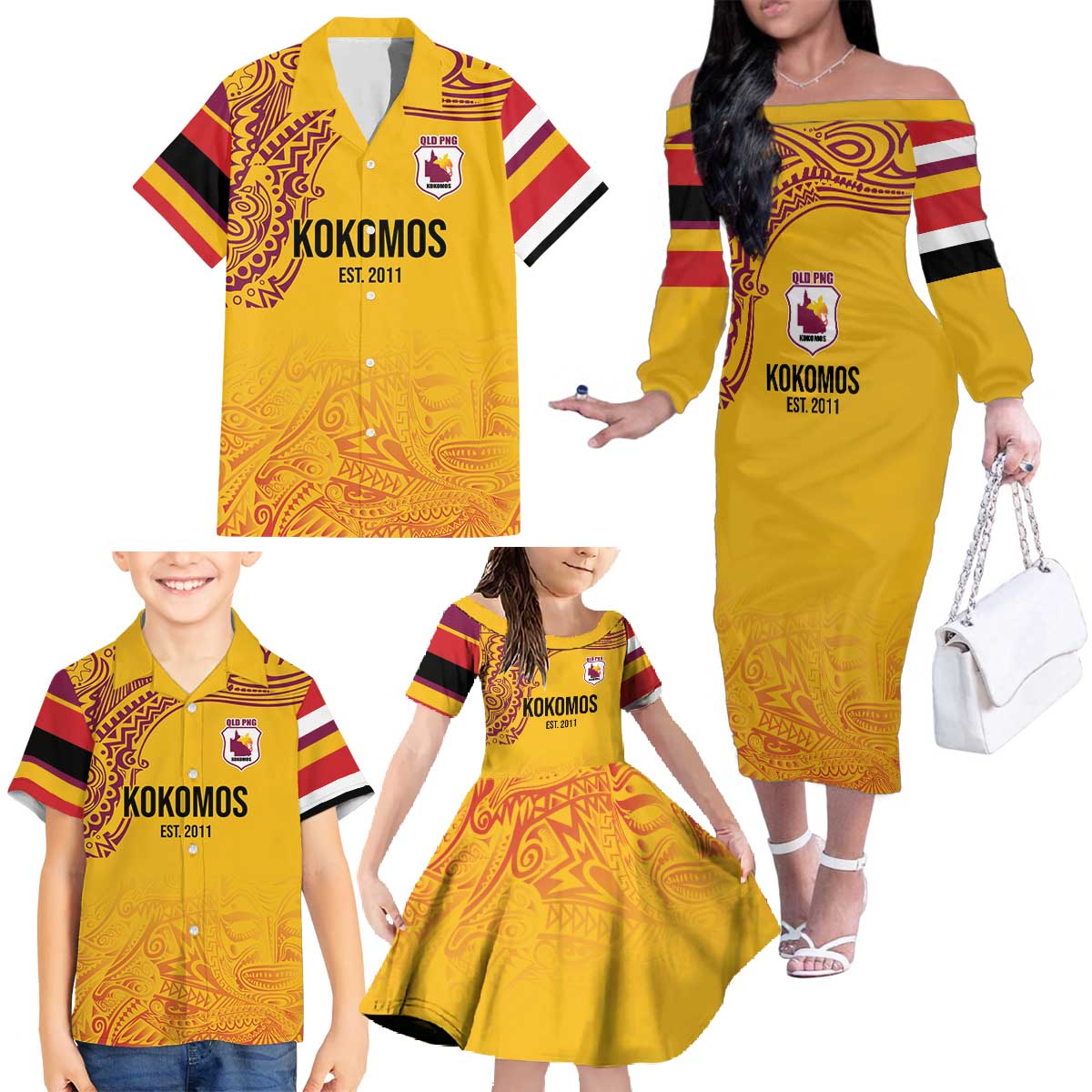 Queensland Papua New Guinea Custom Family Matching Off The Shoulder Long Sleeve Dress and Hawaiian Shirt All Gold Pacific PNG Tribal Style