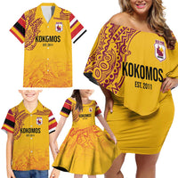 Queensland Papua New Guinea Custom Family Matching Off Shoulder Short Dress and Hawaiian Shirt All Gold Pacific PNG Tribal Style