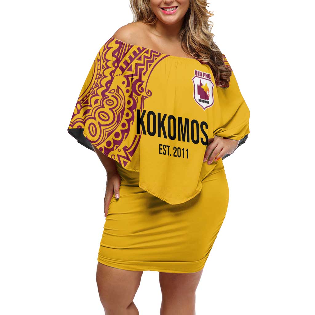 Queensland Papua New Guinea Custom Family Matching Off Shoulder Short Dress and Hawaiian Shirt All Gold Pacific PNG Tribal Style