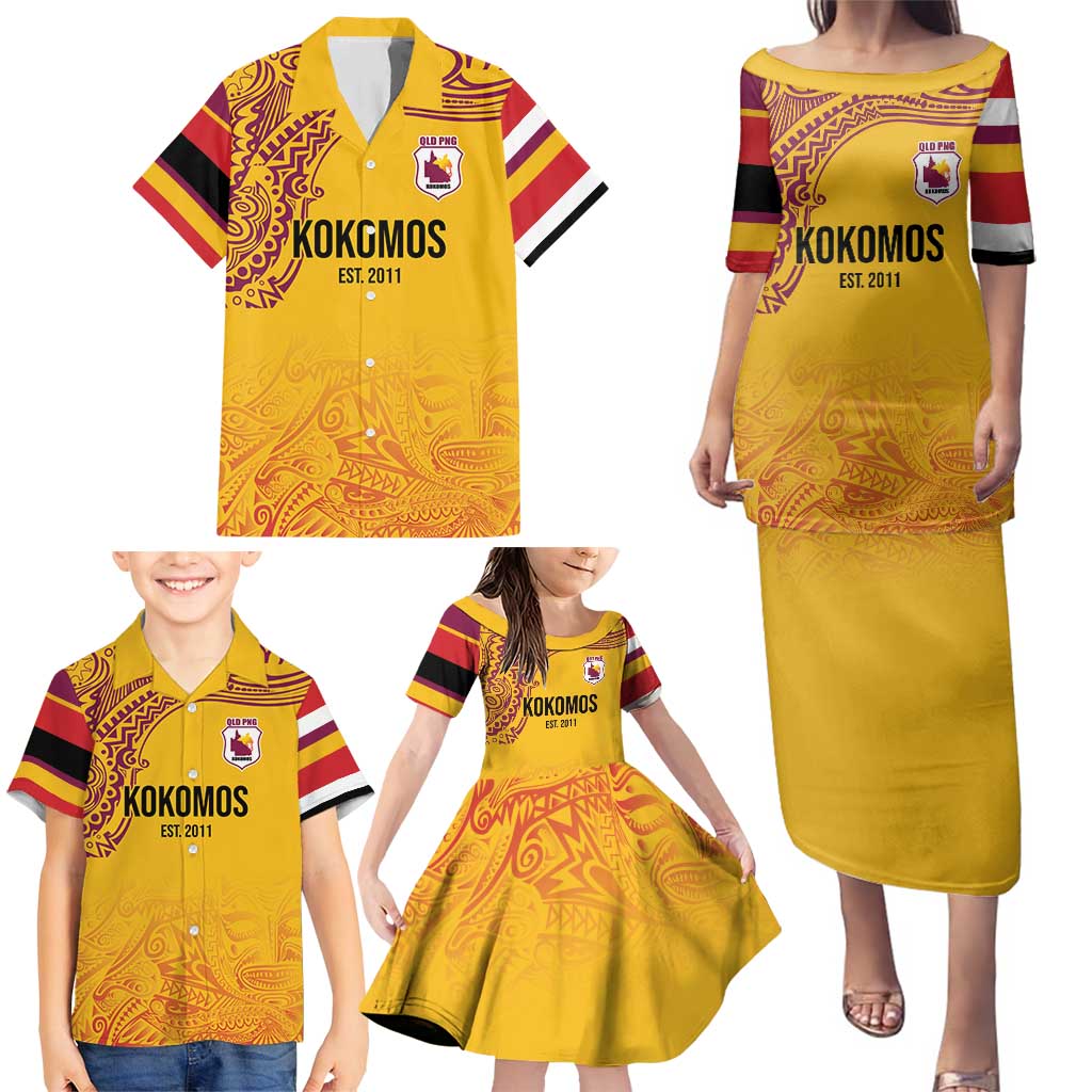 Queensland Papua New Guinea Custom Family Matching Puletasi and Hawaiian Shirt All Gold Pacific PNG Tribal Style