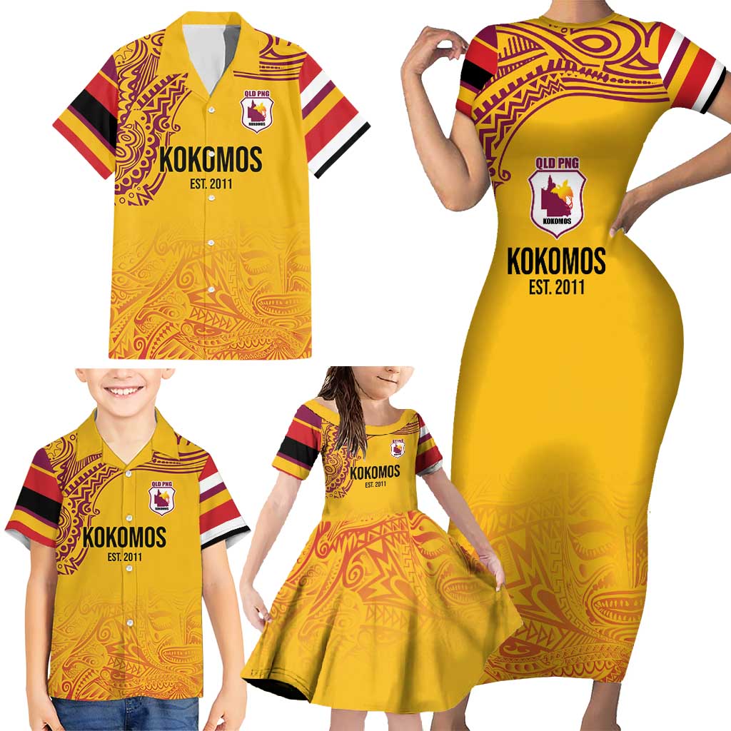 Queensland Papua New Guinea Custom Family Matching Short Sleeve Bodycon Dress and Hawaiian Shirt All Gold Pacific PNG Tribal Style