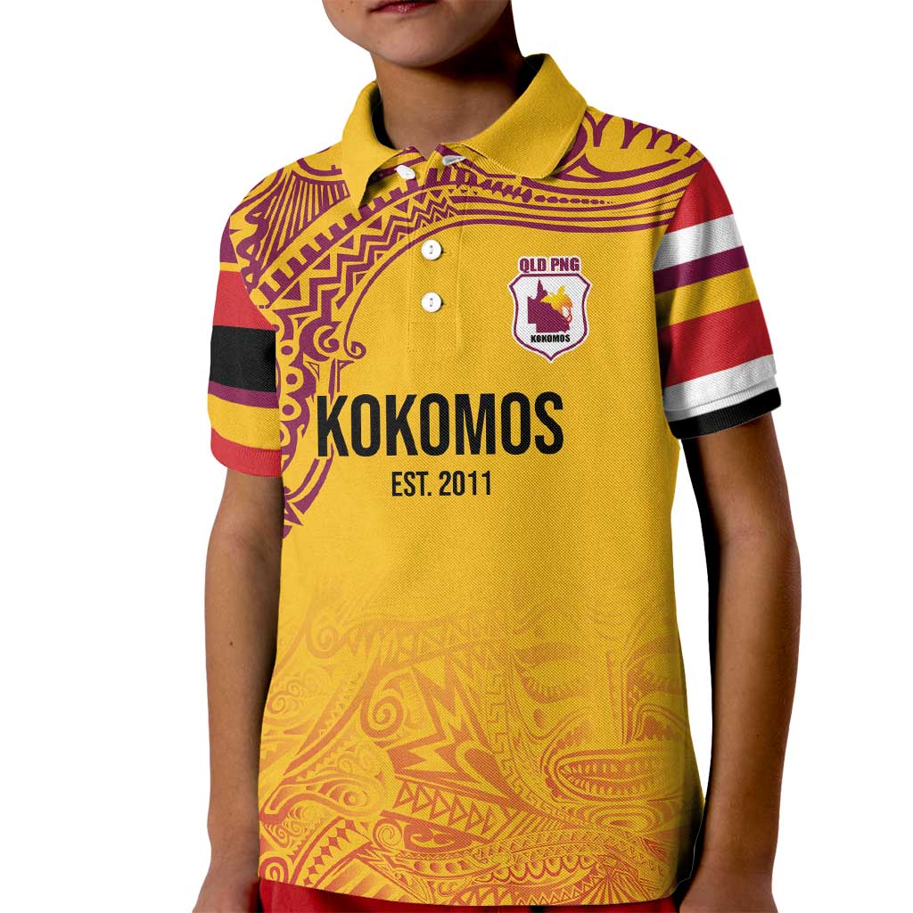 Queensland Papua New Guinea Custom Kid Polo Shirt All Gold Pacific PNG Tribal Style